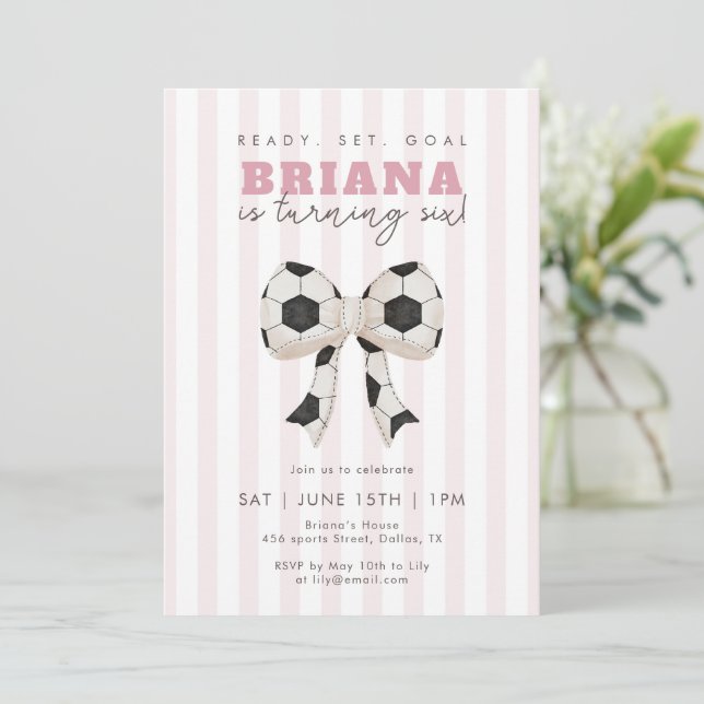 Pink Soccer Ball Bow Girls Soccer Birthday Party  Invitation (Standing Front)