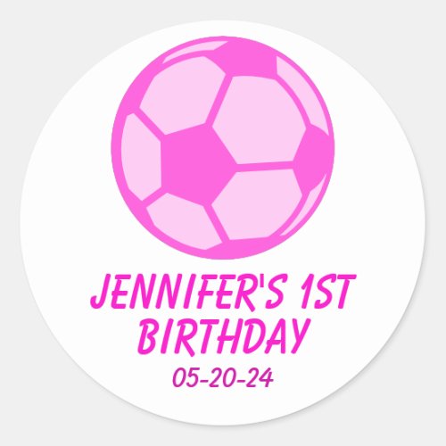 Pink Soccer Ball First Birthday Party Favor Classic Round Sticker