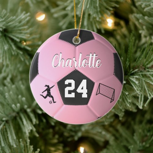 Pink Soccer Ball Girls Personalized Name Gift  Ceramic Ornament