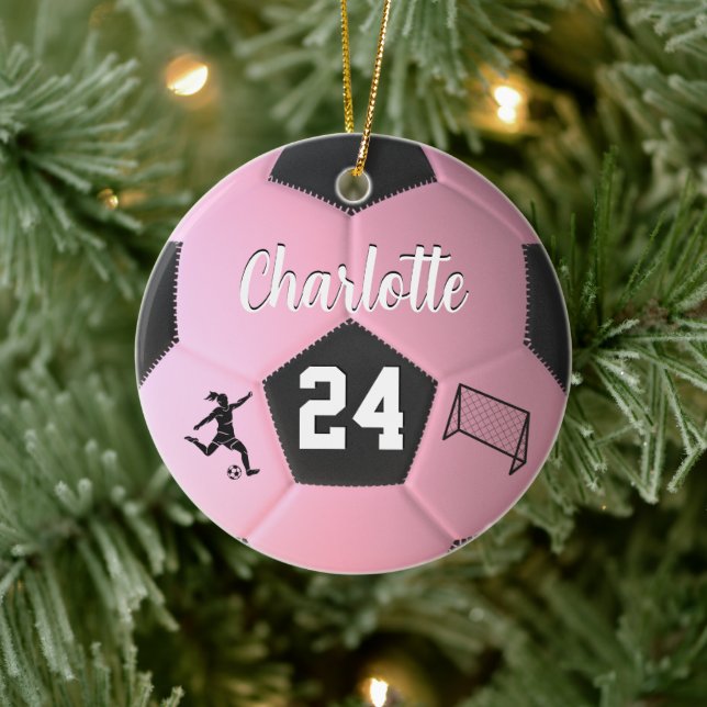 Pink Soccer Ball Girls Personalized Name Gift  Ceramic Ornament (Tree)
