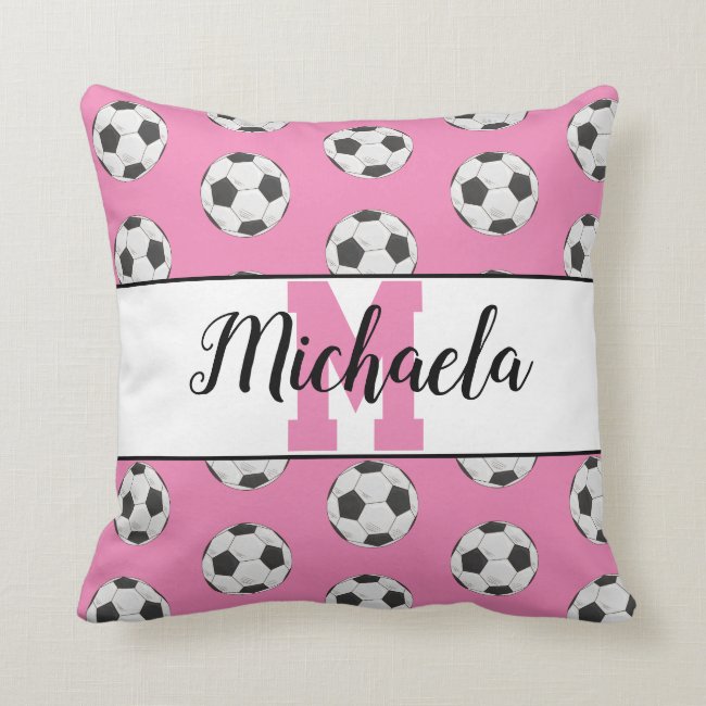 Pink Soccer Ball Pattern Monogram Initial Name Throw Pillow