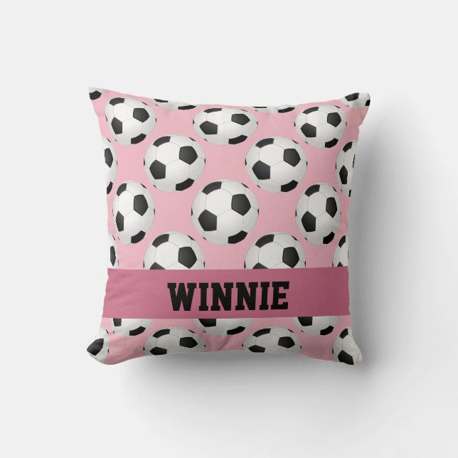 Pink Soccer Ball Pattern Sports Personalized Name Throw Pillow (Front)