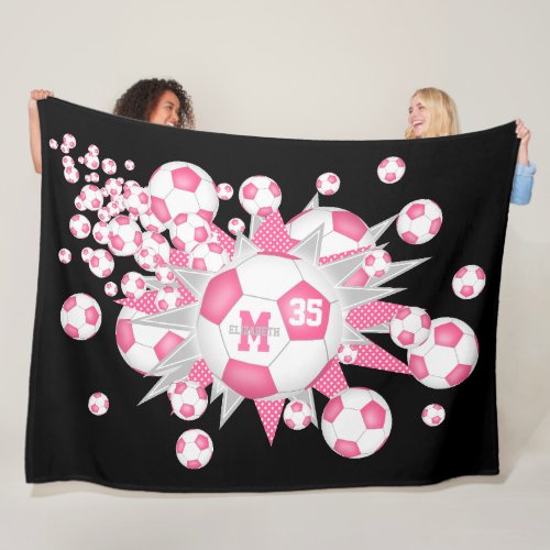 pink soccer balls stars girls sports decor fleece blanket