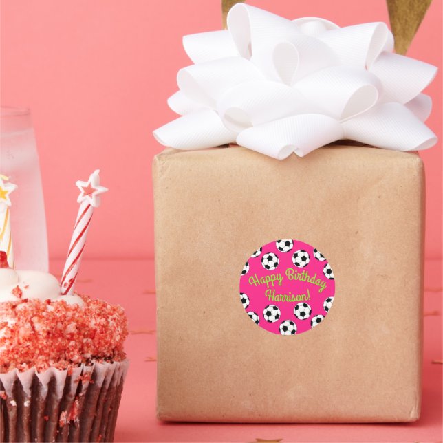 Pink Soccer Birthday Party Classic Round Sticker (Party)