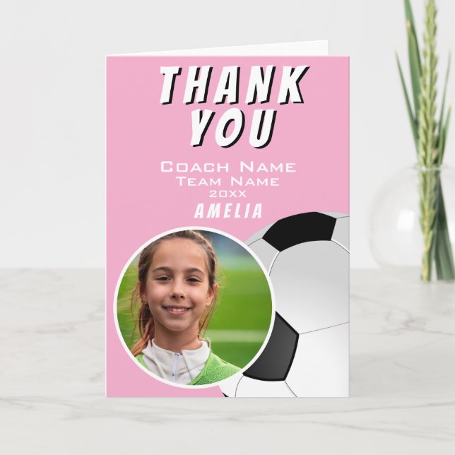 Pink Soccer Football Coach Ball Photo Thank You Card (Front)