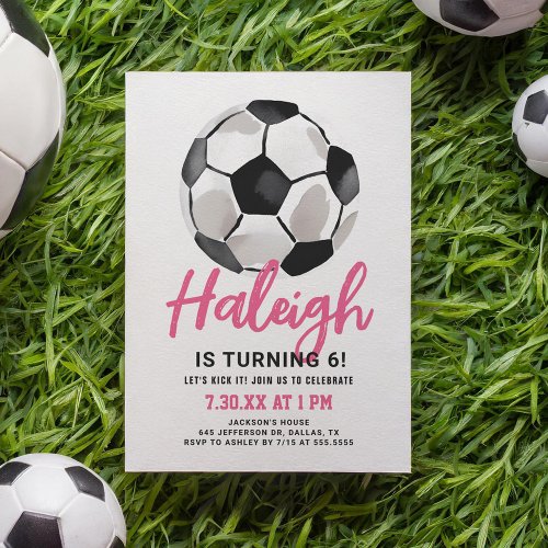 Pink Soccer Girl Birthday Invitation