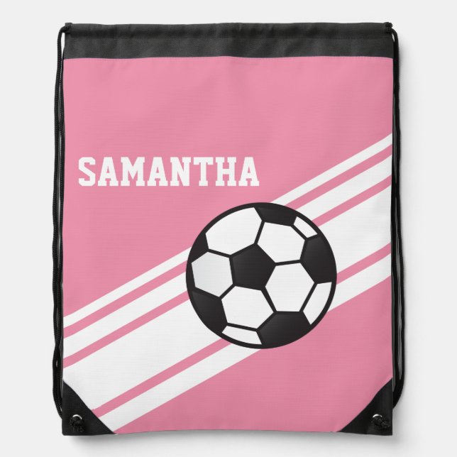 Pink Soccer Stripes Drawstring Backpack (Front)