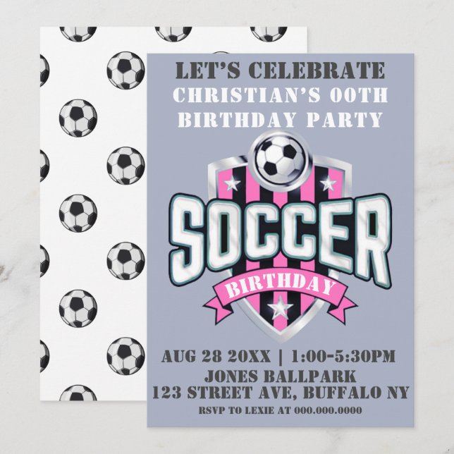 Pink Soccer Theme Birthday Party Invitations (Front/Back)