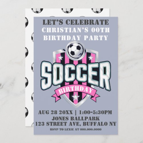 Pink Soccer Theme Birthday Party Invitations