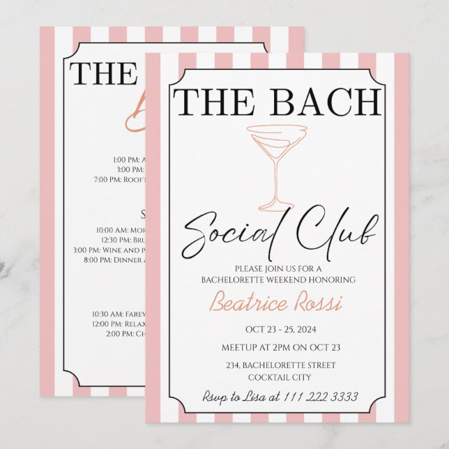 Pink Social Country Club Bachelorette Weekend Invitation (Front/Back)