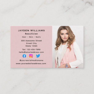 Pink Social Media Beautician Cosmetologist Photo Business Card