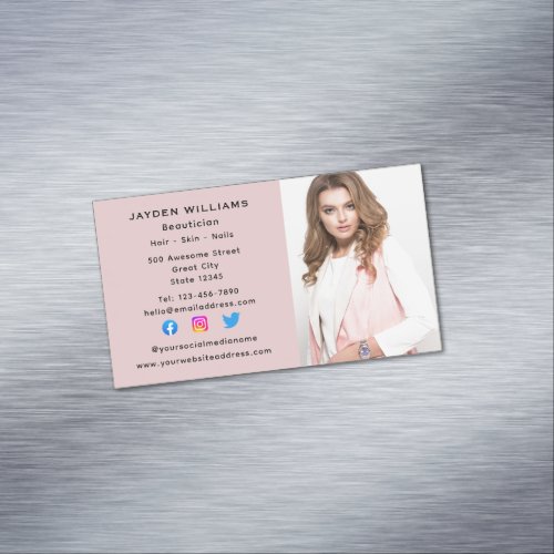Pink Social Media Beautician Cosmetologist Photo Business Card Magnet