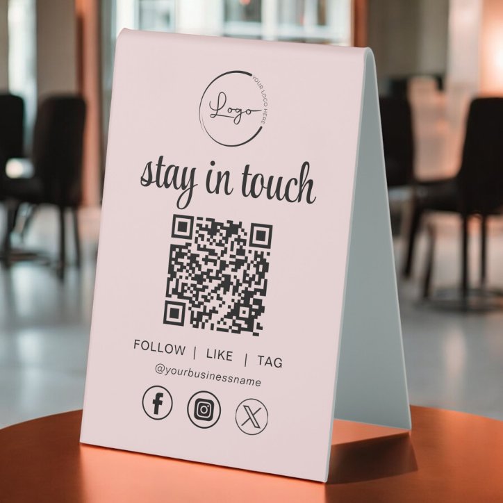 Pink Social Media QR Code Business Logo Table Tent Sign