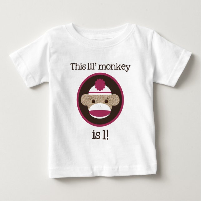 Pink Sock Monkey: First Birthday Baby T-Shirt (Front)