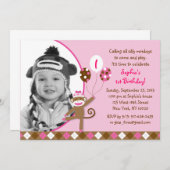 Pink Sock Monkey Girl Photo Birthday Invitations (Front/Back)