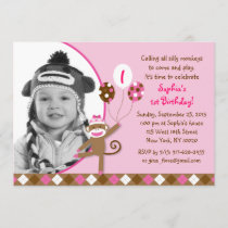 Pink Sock Monkey Girl Photo Birthday Invitations