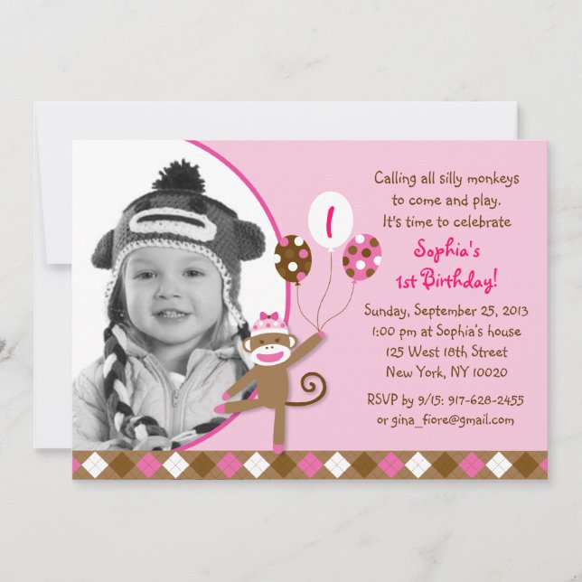 Pink Sock Monkey Girl Photo Birthday Invitations (Front)