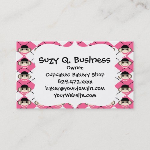 Pink Sock Monkeys on Pink White Argyle Diamond Business Card Templates