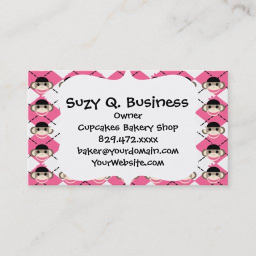 Customizable Pink Sock Monkeys on Pink White Argyle Diamond Business Card Templates