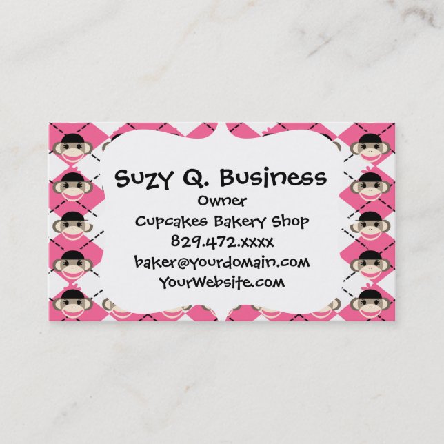 Pink Sock Monkeys on Pink White Argyle Diamond Business Card (Front)