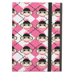 Pink Sock Monkeys on Pink White Argyle Diamond iPad Air Cover