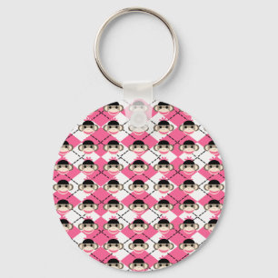 Pink Sock Monkeys on Pink White Argyle Diamond Keychain