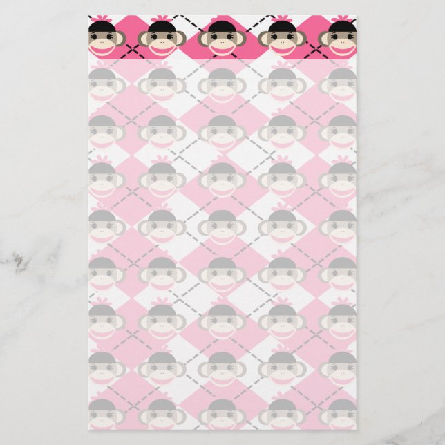Pink Sock Monkeys on Pink White Argyle Diamond Stationery (Front)