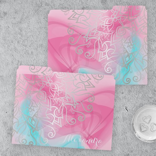 Pink Soft Blue Silver Filigree Henna Ornaments File Folder