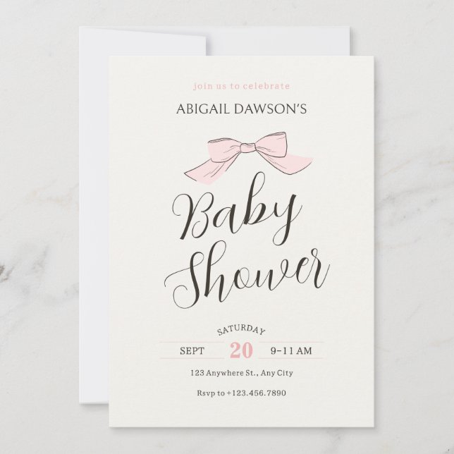 Pink soft bow baby shower invitation (Front)