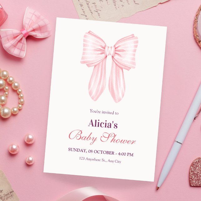 Pink soft bow ribbon baby shower invitation (Creator Uploaded)