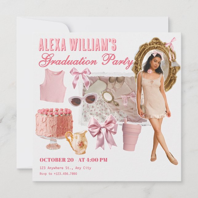 Pink soft fashion collage photo graduation party invitation (Front)