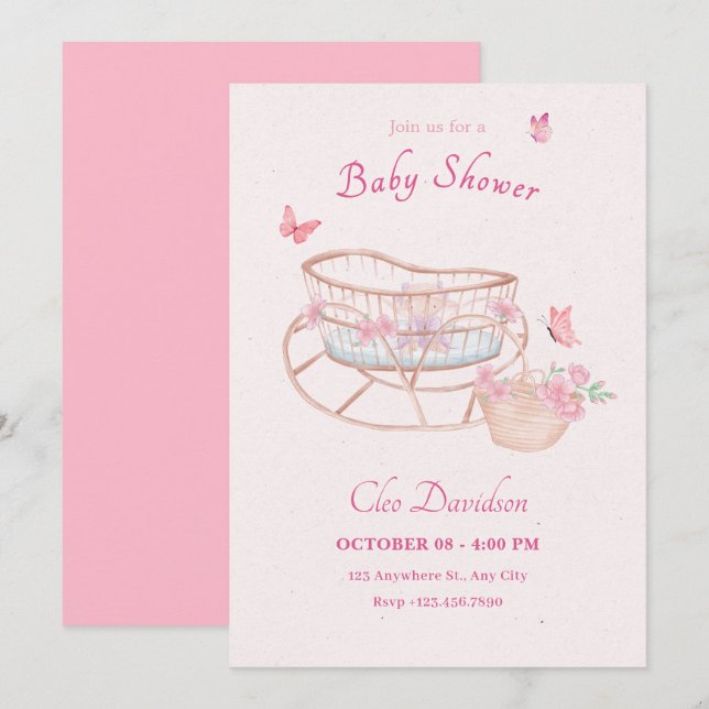 Pink soft floral baby bed baby shower invitation (Front/Back)