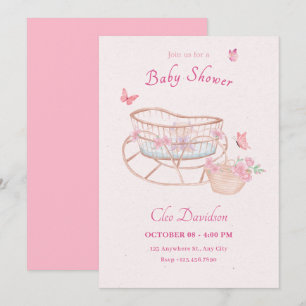 Pink soft floral baby bed baby shower invitation