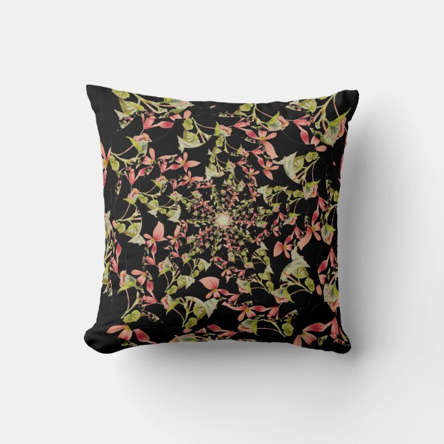 Pink Soft green black Begonia fractal art Throw Pillow (Front)