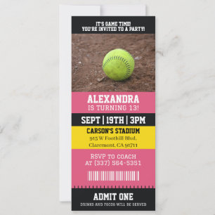 Pink Softball Ticket Birthday Party Invitation