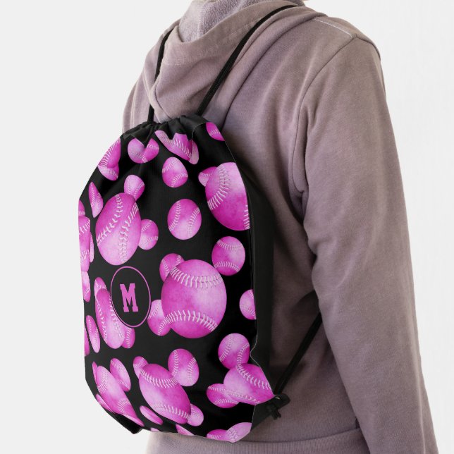 pink softballs pattern girls monogrammed drawstring bag (Insitu)