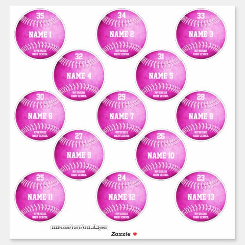 Pink softballs set of 13 custom players names sticker