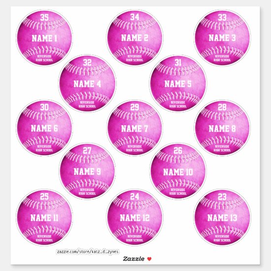 Pink softballs set of 13 custom players' names sticker