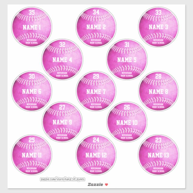 Pink softballs set of 13 custom players' names sticker (Sheet)