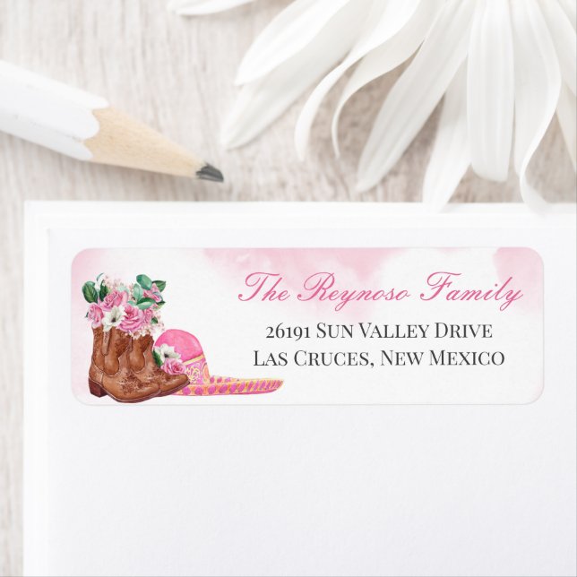 Pink Sombrero Rose Floral Charra/Cowgirl Return Label (Insitu)