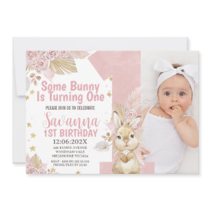 Pink Some Bunny Boho Floral 1st Birthday Invitation