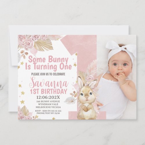 Pink Some Bunny Boho Floral 1st Birthday Invitation