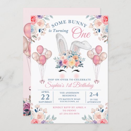 Pink Some Bunny Floral Balloon Girl First Birthday Invitation