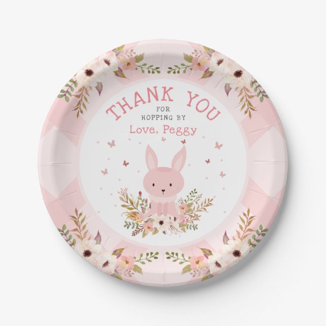 Pink Some Bunny Floral Girl Birthday Paper Plates (Front)