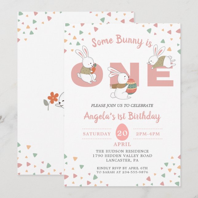 Pink Some Bunny is One Easter First Birthday Invitation (Front/Back)