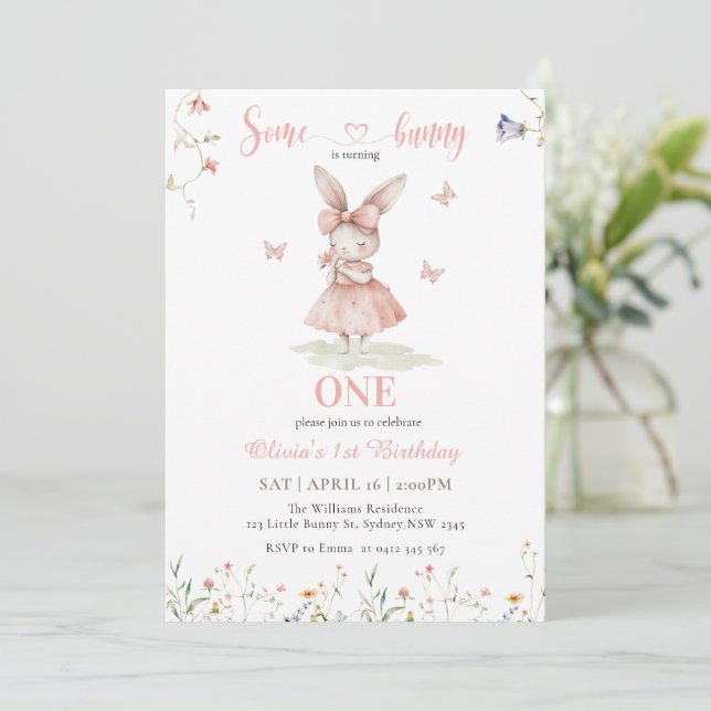Pink Some Bunny Is Turning One Girl First Birthday Invitation (Standing Front)