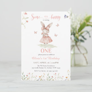 Pink Some Bunny Is Turning One Girl First Birthday Invitation