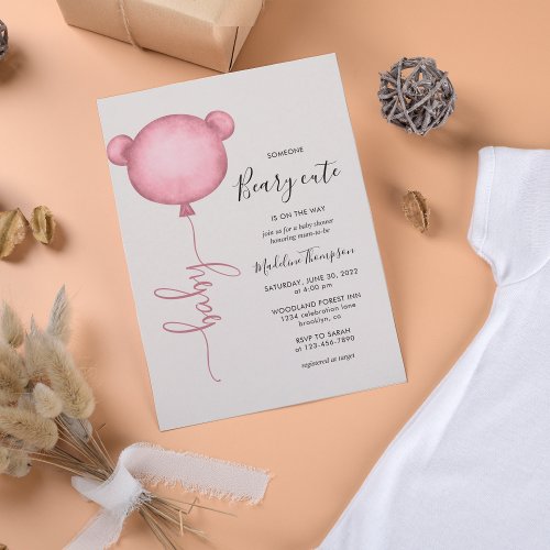 Pink Someone Beary Cute Balloon Baby Shower Invitation