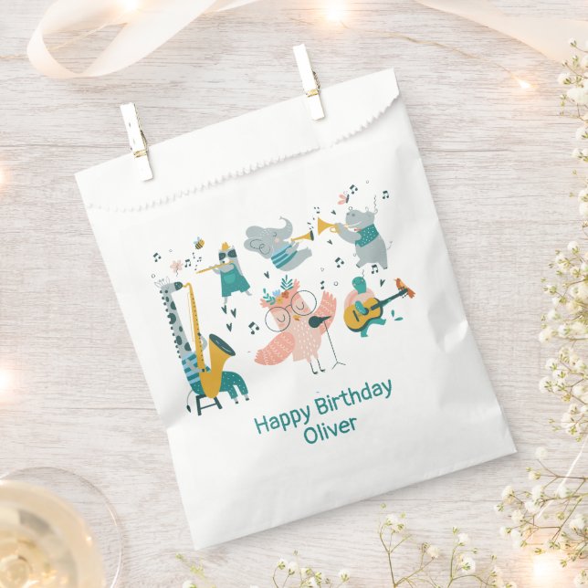 Pink Songbird with Animal Band Birthday Favor Bag (Clipped)