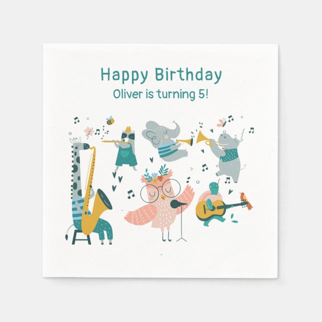 Pink Songbird with Animal Band Birthday Napkins (Front)
